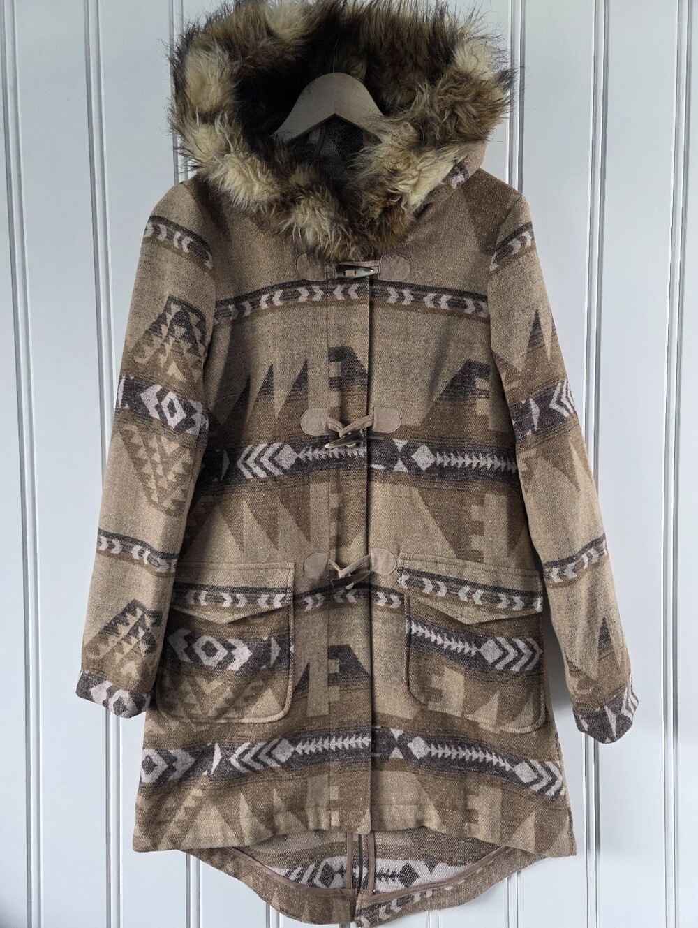 BB Dakota Steve Madden Southwestern Faux Fur Lined Hooded Long Coat Tan XS